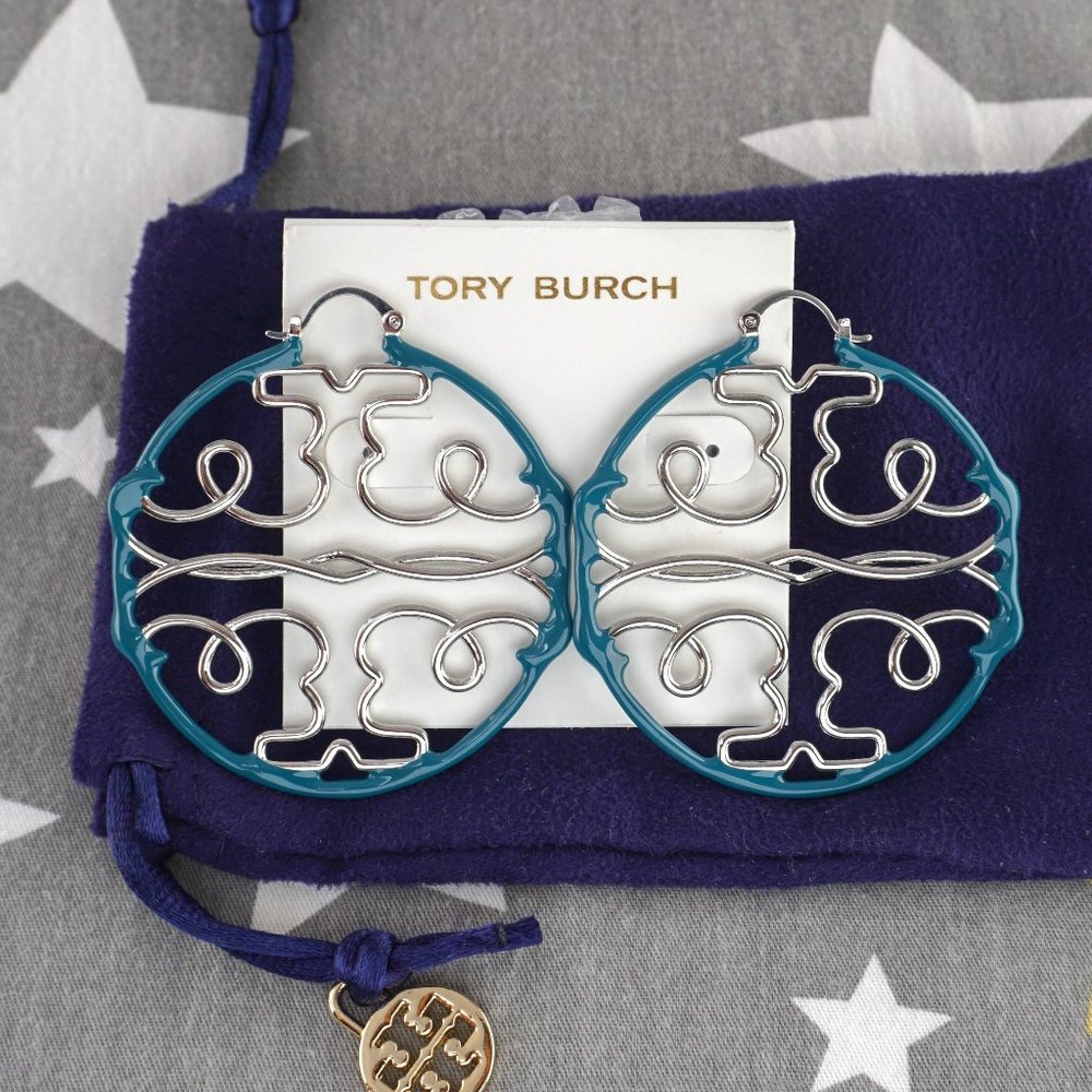 SALE: Tory Burch Twisted Miller Hoop Earrings in Shiny Pewter / Artic
